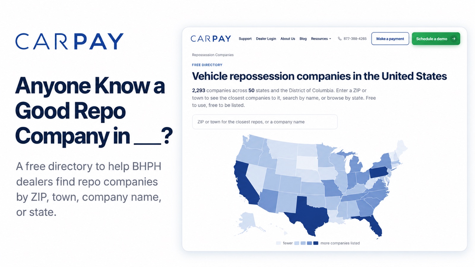 Anyone Know a Good Repo Company in ___? The Carpay Repossession Company Directory, with a ZIP and company search box above a map of the United States