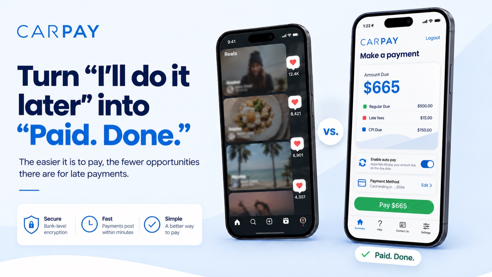 Turn “I’ll do it later” into “Paid. Done.” — an endless social feed beside the Carpay payment screen