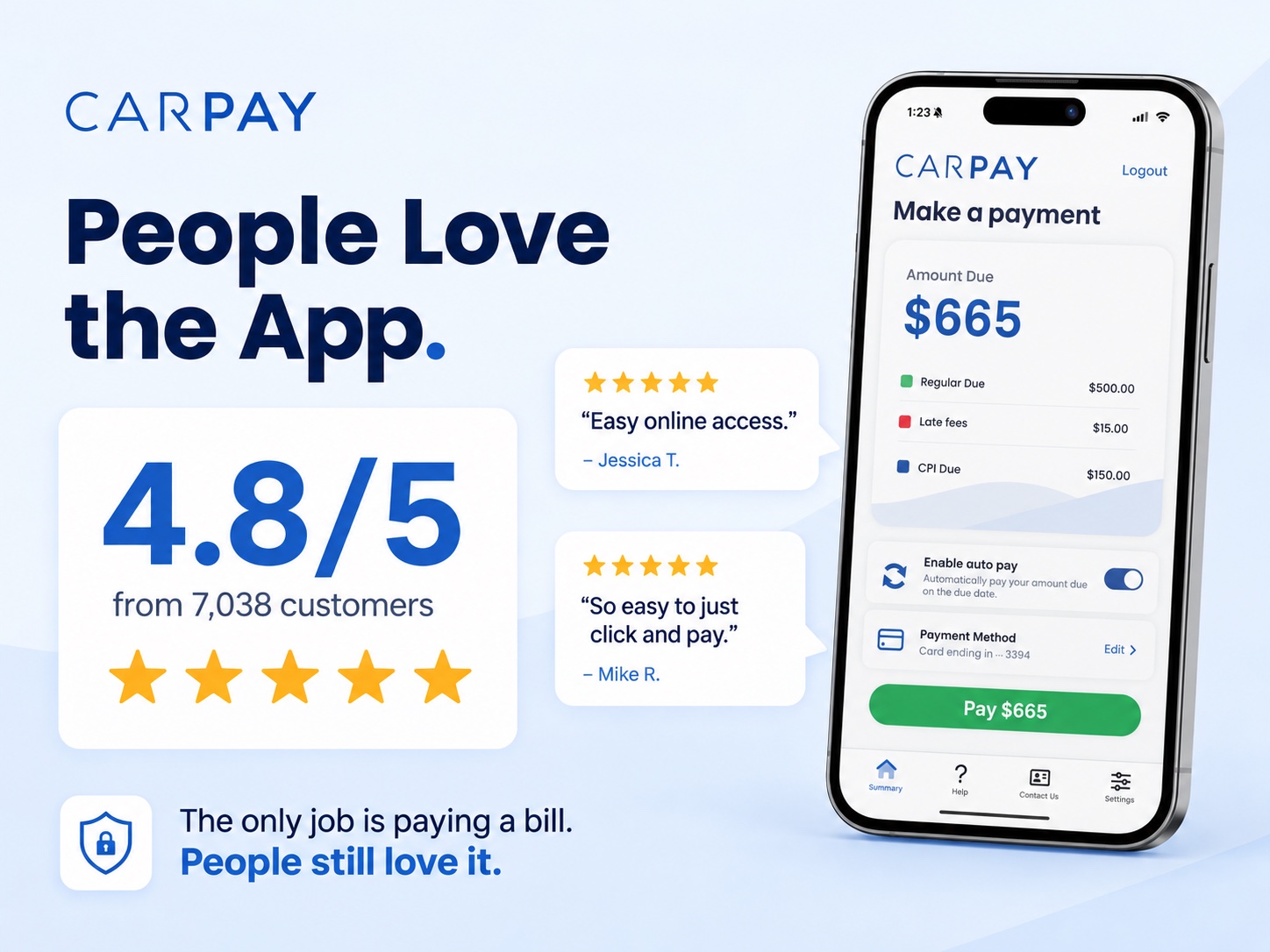 People love the app: 4.8 out of 5 from 7,038 customers, with five-star reviews beside the Carpay payment screen