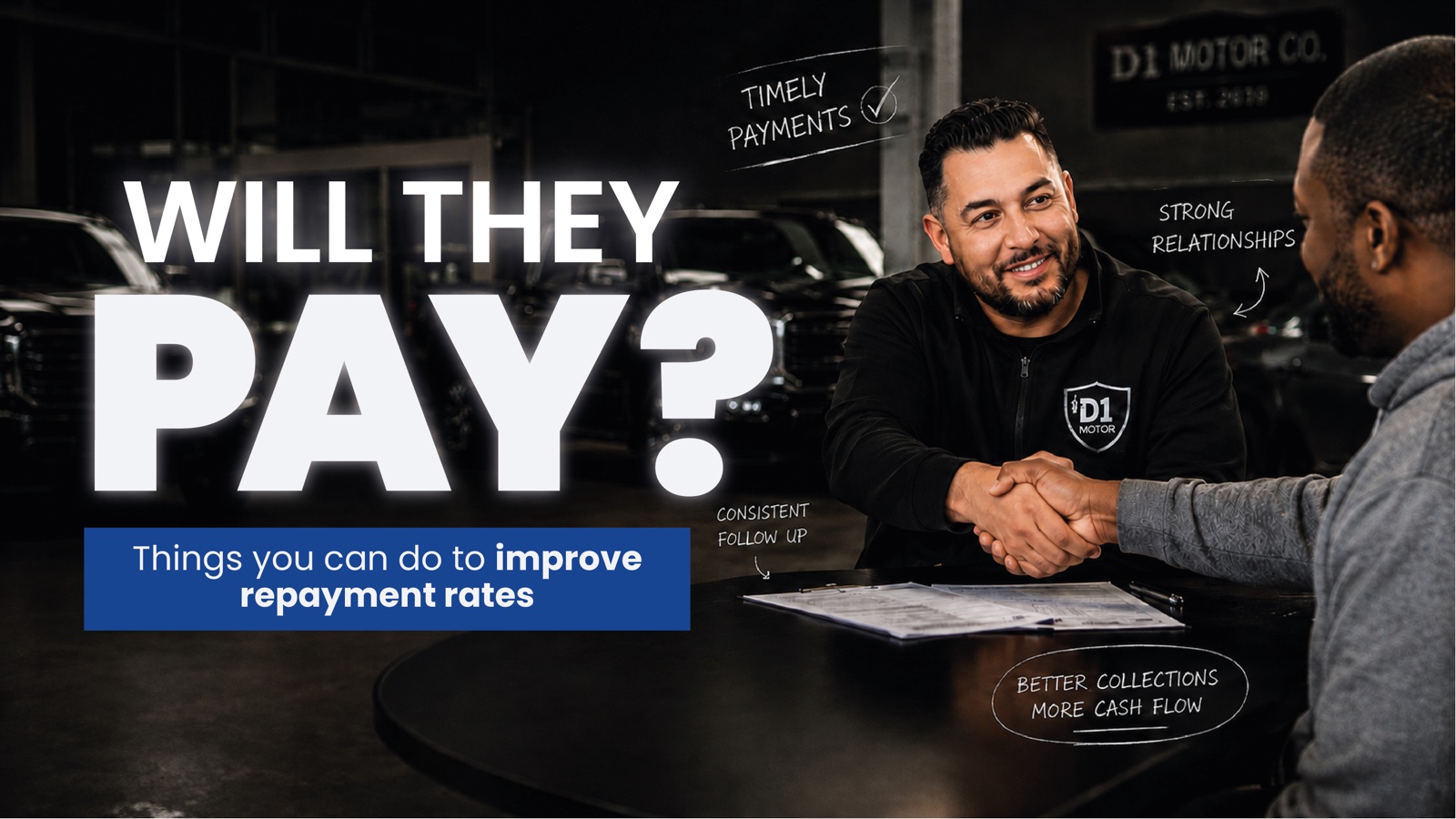 Will they pay? Dealer shaking hands with a customer across the desk at D1 Motor Co.
