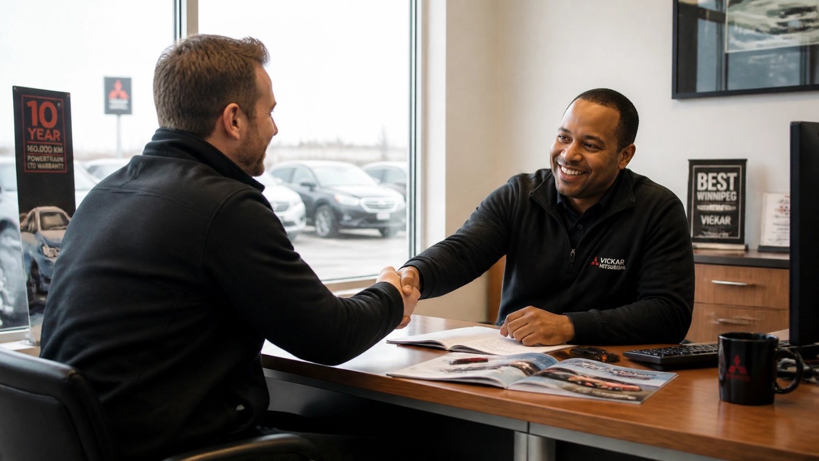 A salesperson and a customer shaking hands across a desk in a dealership office