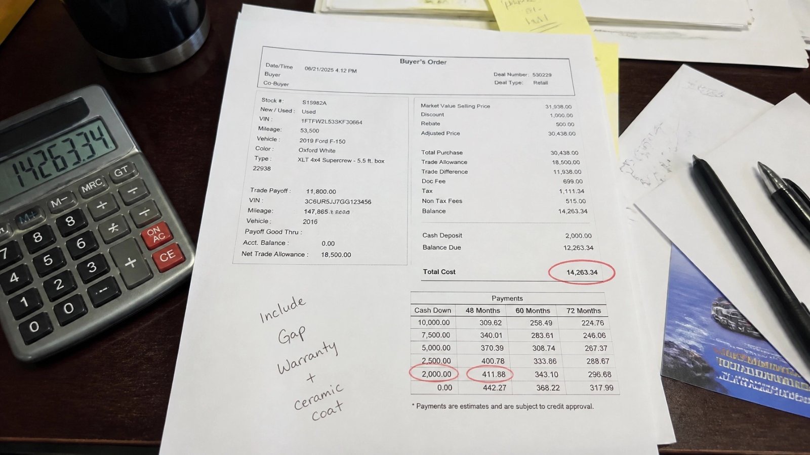 A buyer’s order on a desk beside a calculator, with the total cost and one payment line circled in red