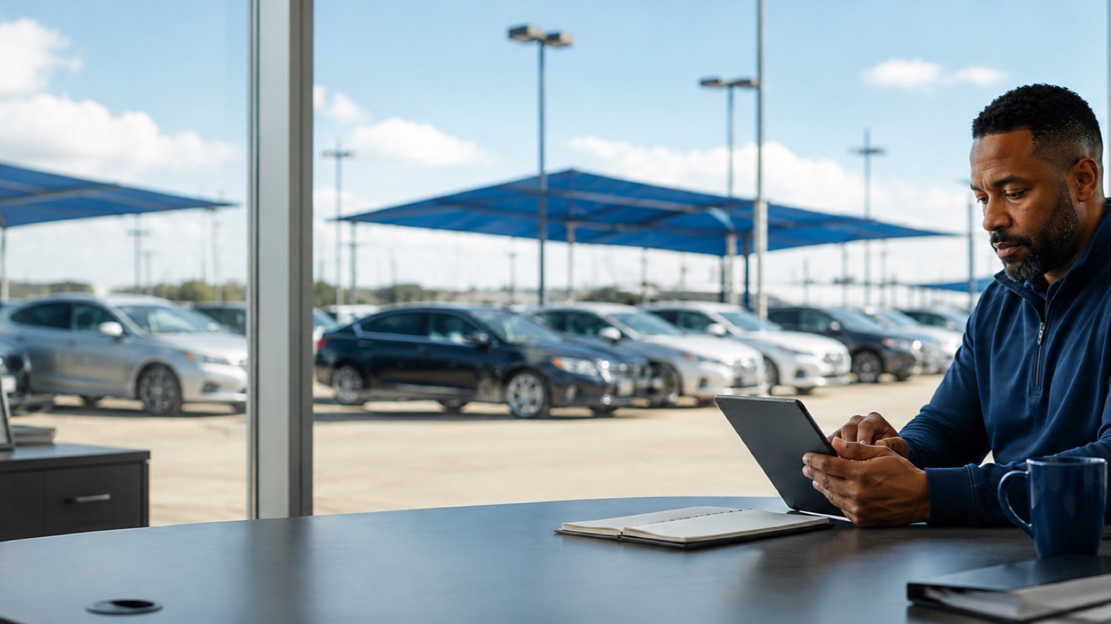 Dealer reviewing accounts on a tablet with the inventory lot outside the window
