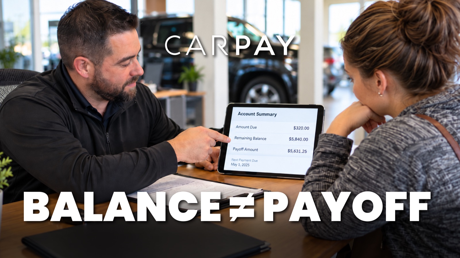 Balance is not payoff — a dealer showing a customer the account summary on a tablet