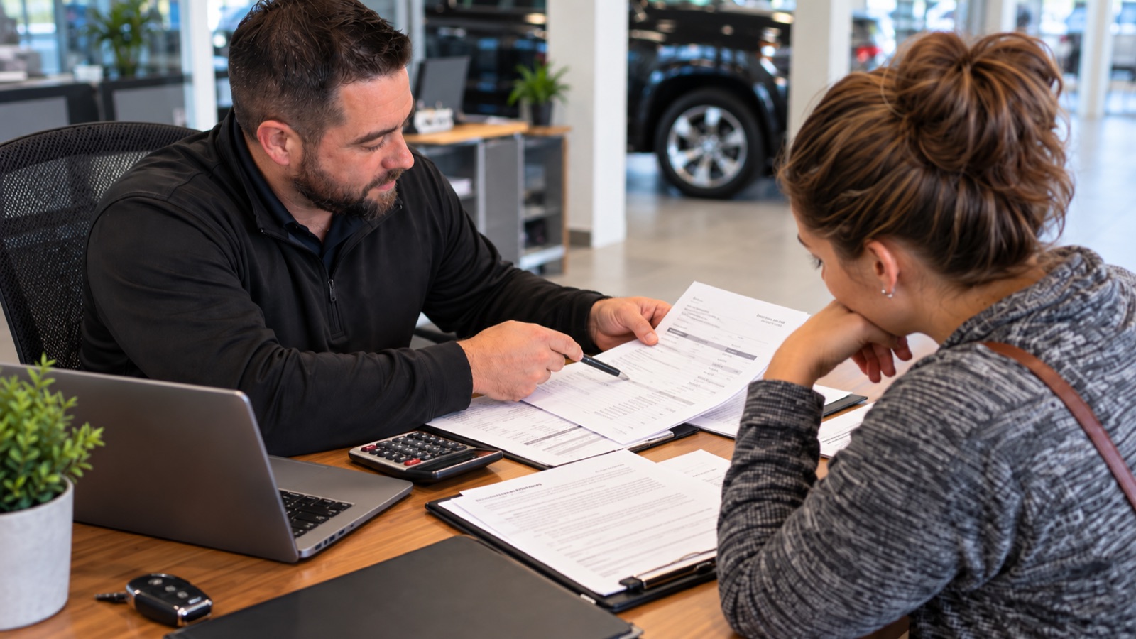 A dealer going through the contract numbers with a customer at the desk