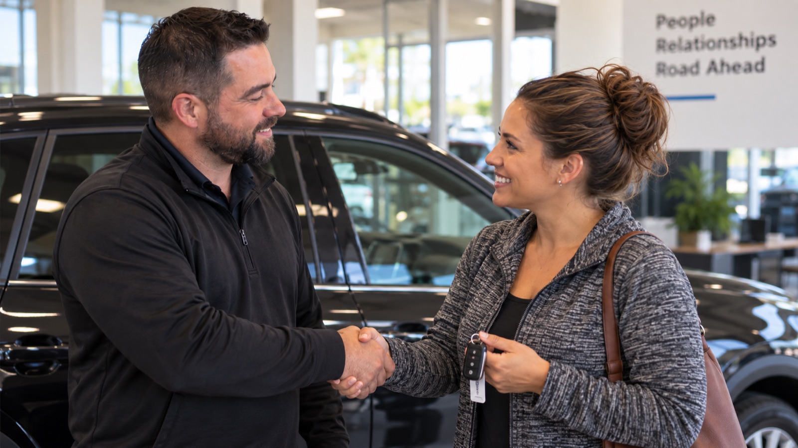 A customer and dealer shaking hands on the showroom floor, keys in hand