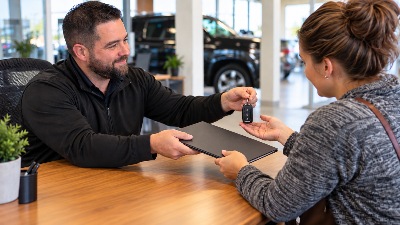 A dealer handing over the folder and keys across the desk