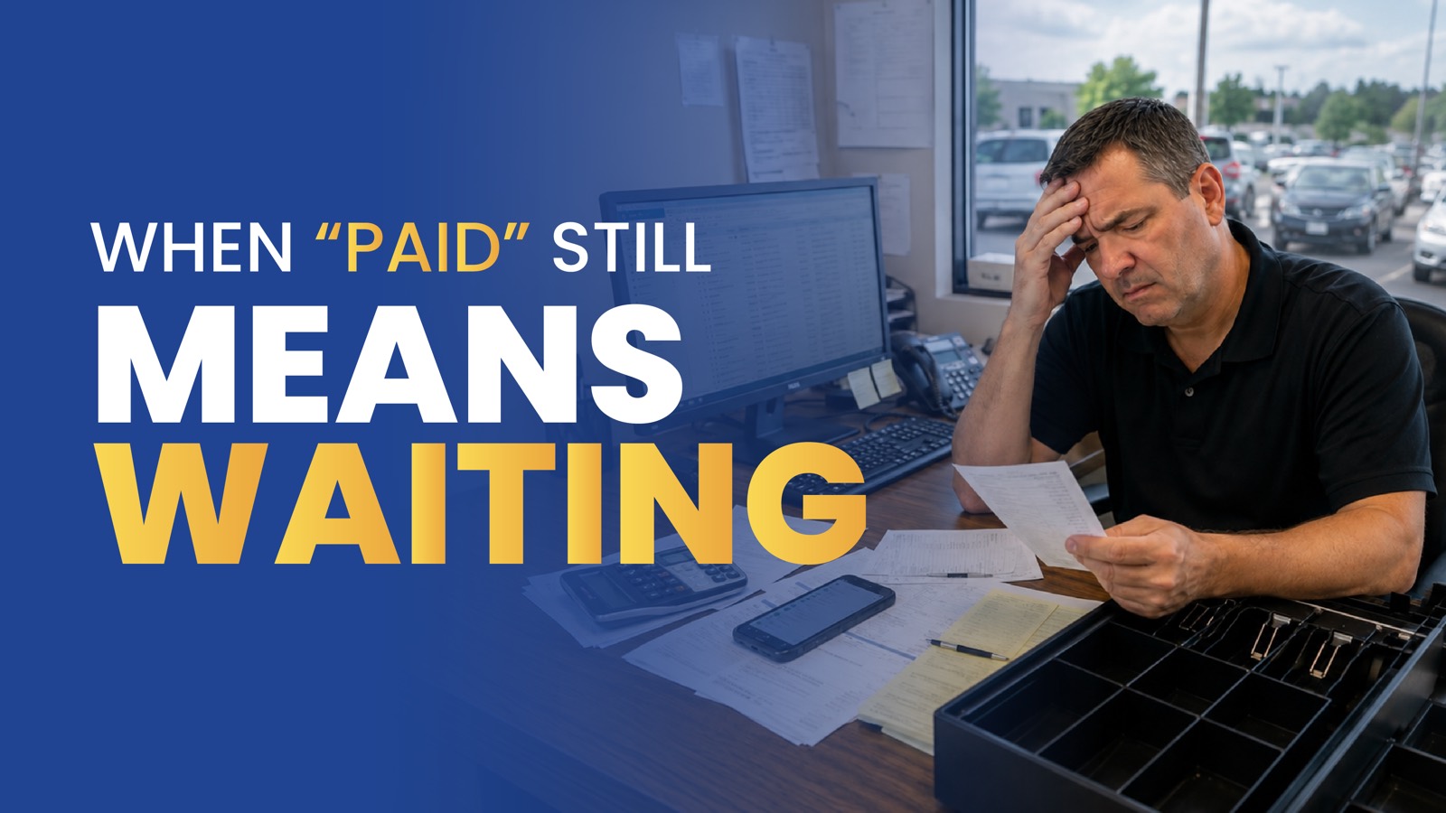 When “paid” still means waiting — a dealer at the counter reviewing receipts beside an open cash drawer