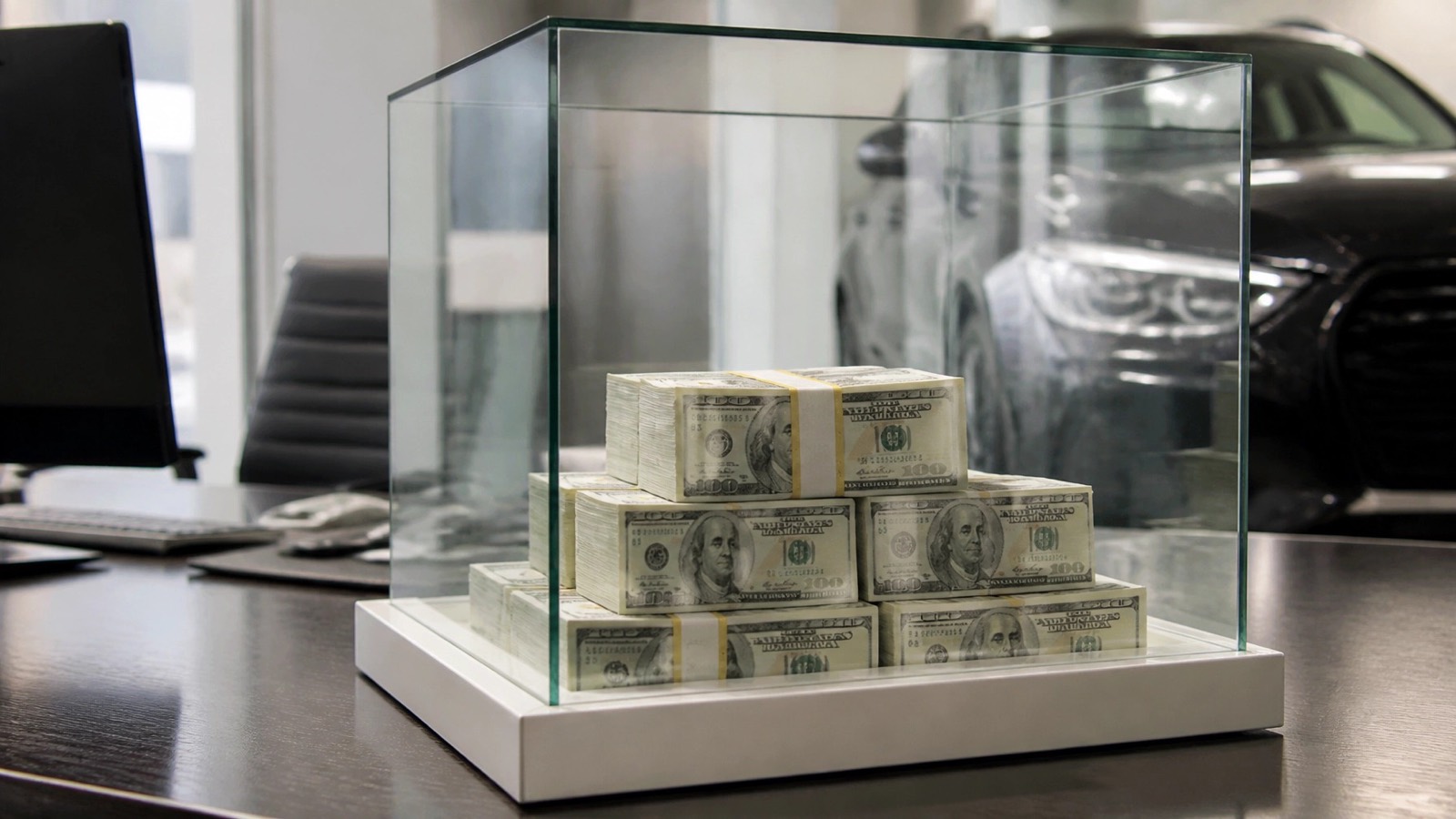 Stacks of hundred-dollar bills sealed inside a glass display case on a dealership desk