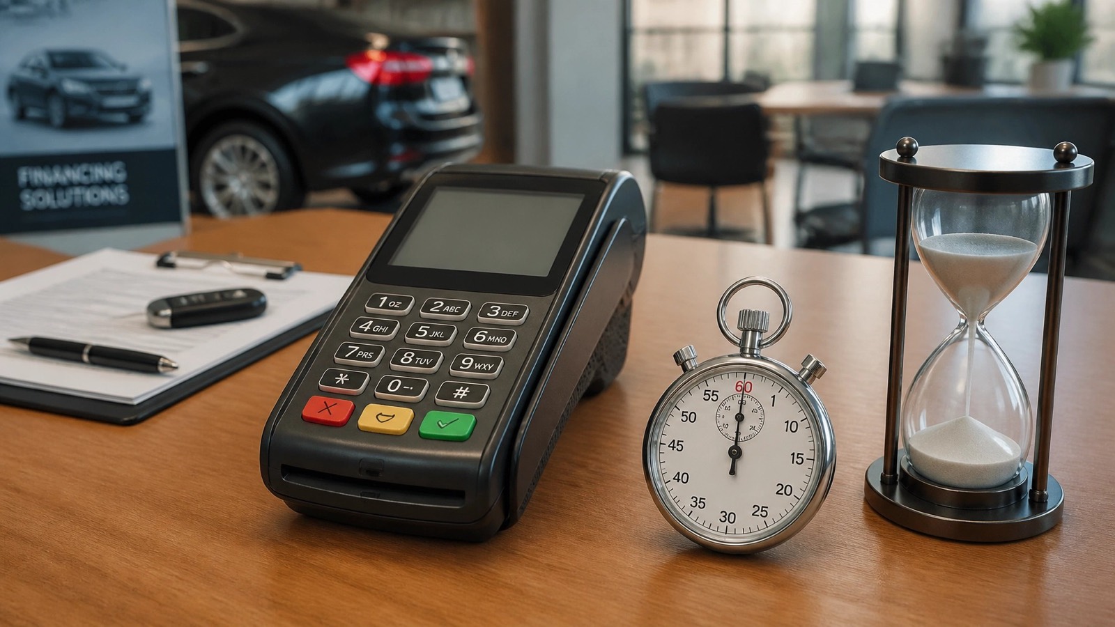 A card terminal on a dealership desk beside a stopwatch and an hourglass