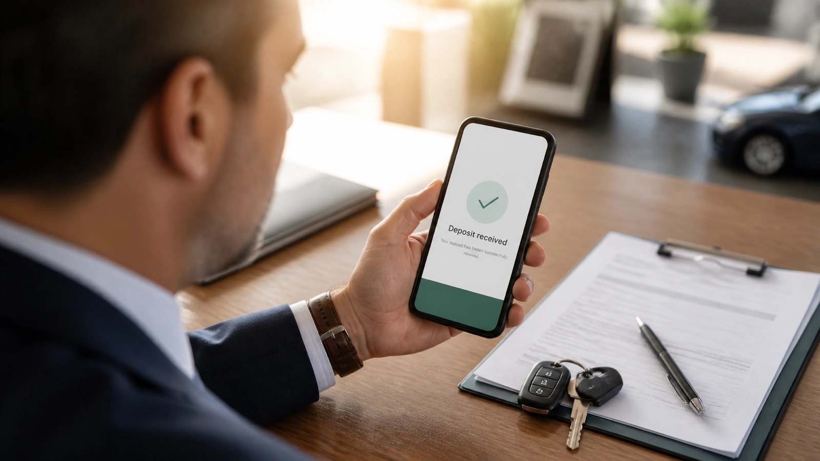 A dealer holding a phone that shows a deposit received confirmation, next to a signed buyer’s order and car keys