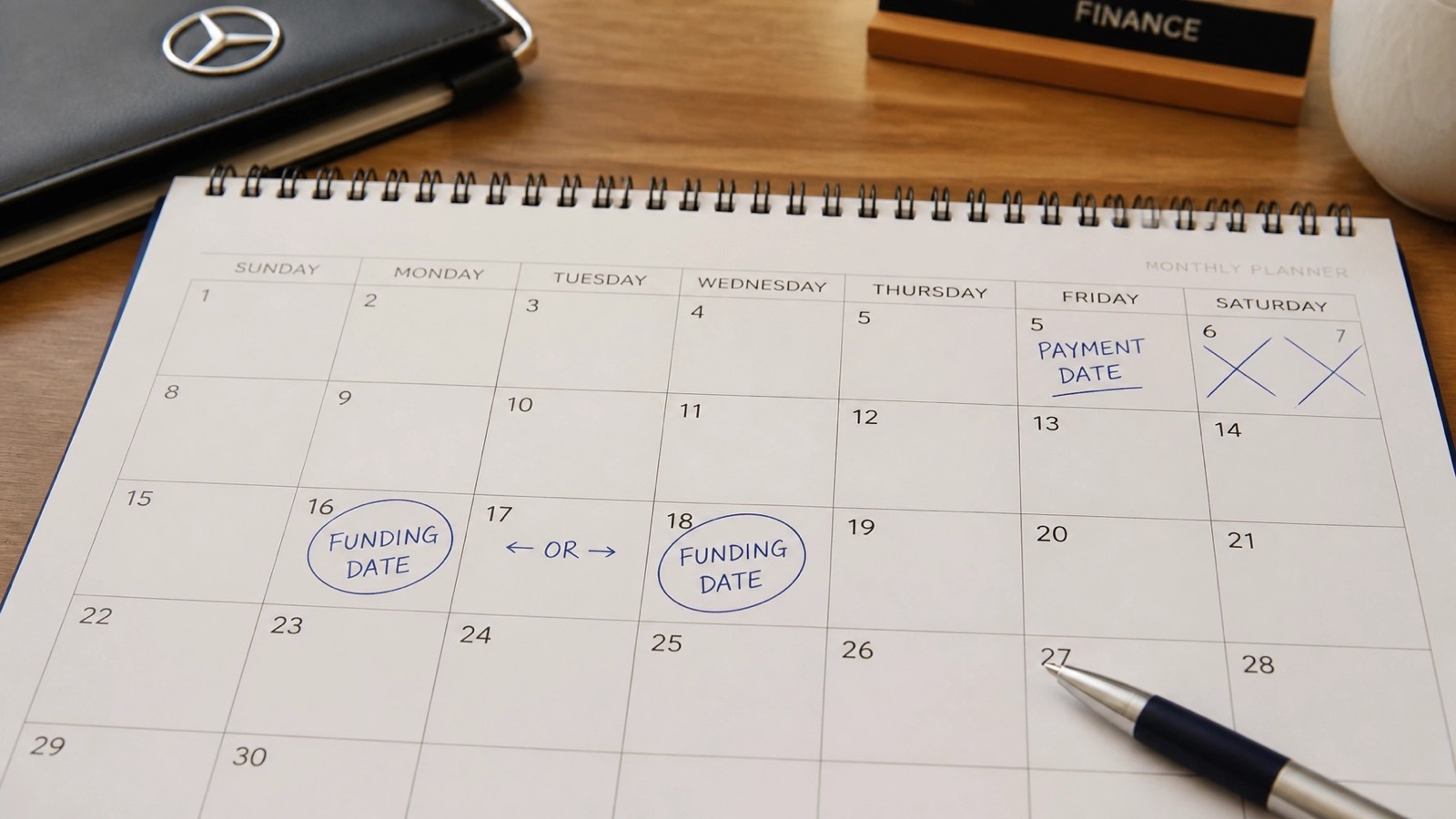 A desk planner with Friday marked as the payment date and two possible funding dates circled the following week