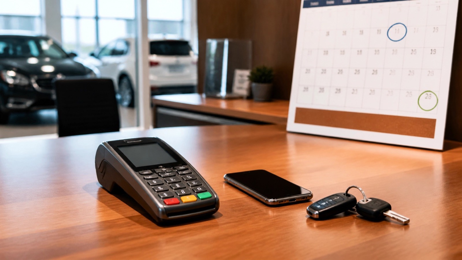 A card terminal, a phone and a set of car keys on a dealership desk, next to a wall calendar