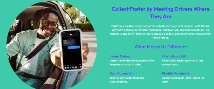 Blytz Auto Finance page: 'Collect Faster by Meeting Drivers Where They Are', with four benefit columns — fewer delays, operational lift, real connection, flexible payments.