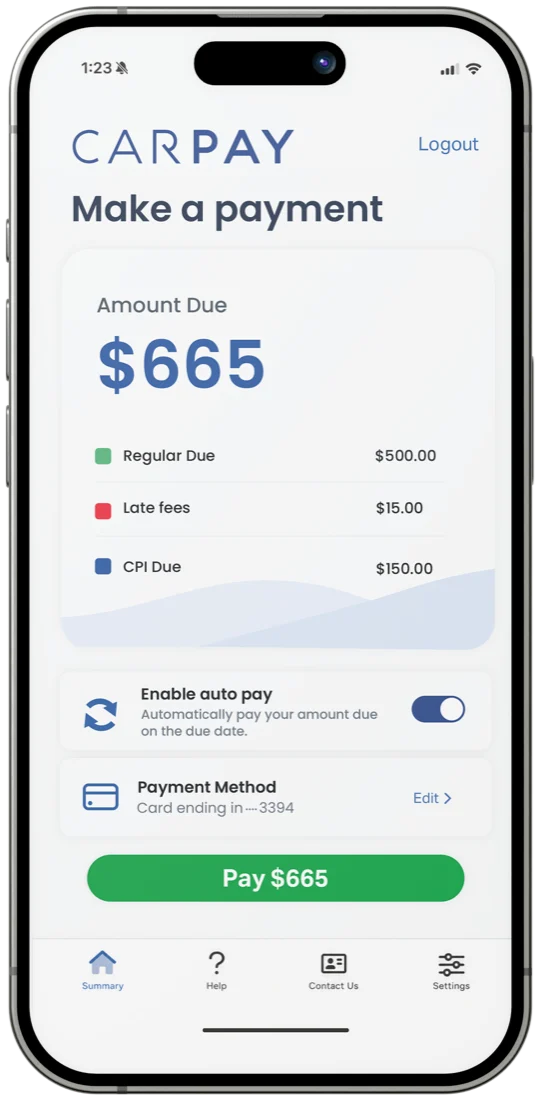 The Carpay app's Make a payment screen: amount due $665, broken into regular due, late fees and CPI, with autopay enabled and a Pay $665 button.